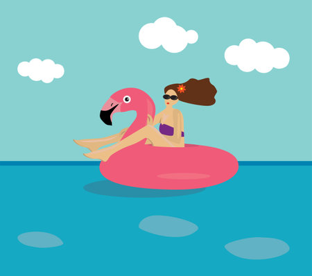 A woman wearing sunglasses is lounging in a pink flamingo pool float on a blue water surface. The background is a light blue sky dotted with white clouds. This bright and simple illustration has potential uses for themes about summer vacations or leisure.のイラスト素材