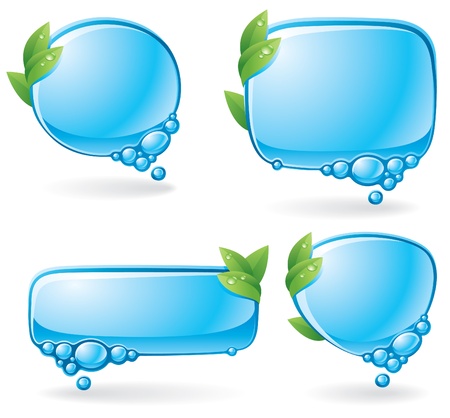 Set of speech bubbles formed from water and decorated with green leavesのイラスト素材