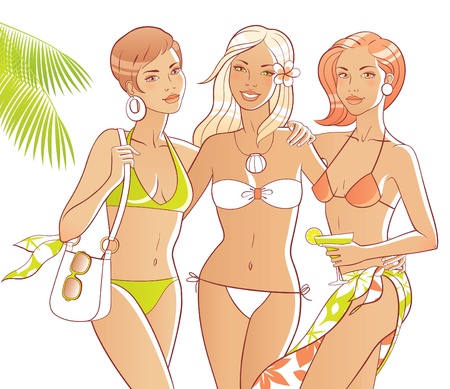 Three tanned women on the beach. Bodies and accessories are separate.のイラスト素材