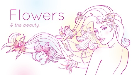 Fantasy portrait of a woman with flowers in her long hair. Flowers and hair are separate.のイラスト素材