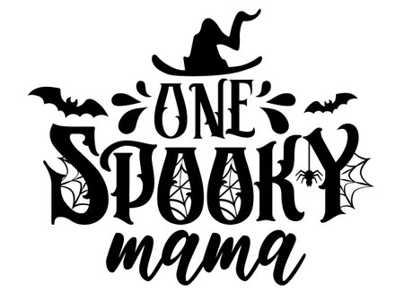 One Spooky Mama Halloween vector illustration. Spooky quote with witch hat, bats and spider web. Family Halloween design isolated.のイラスト素材