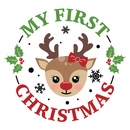 My first Christmas vector illustration with cute deer face. Girls Christmas design isolated good for Xmas greetings cards, poster, print, sticker, invitations, baby t-shirt, mug, gifts.のイラスト素材