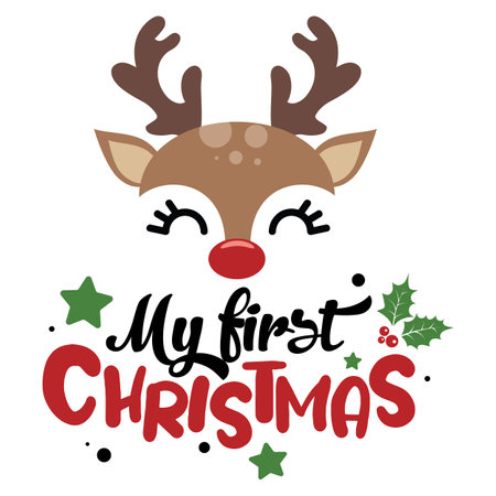 My first Christmas vector illustration with cute deer face. Kids Christmas design isolated good for Xmas greetings cards, poster, print, sticker, invitations, baby t-shirt, mug, gifts.のイラスト素材