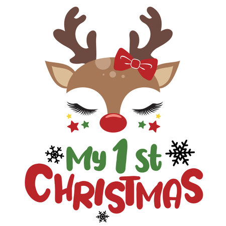 My first Christmas vector illustration with cute deer face. Girls Christmas design isolated good for Xmas greetings cards, poster, print, sticker, invitations, baby t-shirt, mug, gifts.のイラスト素材