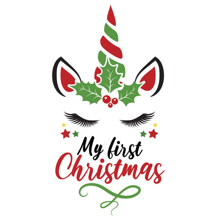 My first Christmas vector illustration with cute deer unicorn face and roses. Girls Christmas design isolated good for Xmas greetings cards, poster, print, sticker, invitations, baby t-shirt, mug, gifts.のイラスト素材
