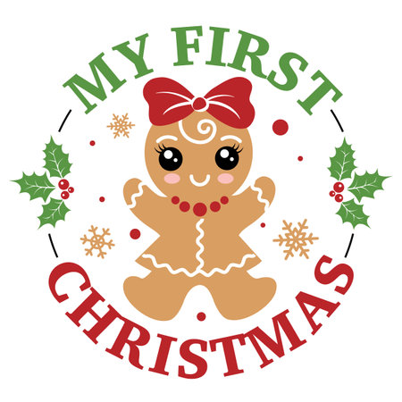 My first Christmas vector illustration with cute girl ginger men. Kids Christmas design isolated good for Xmas greetings cards, poster, print, sticker, invitations, baby t-shirt, mug, gifts.のイラスト素材
