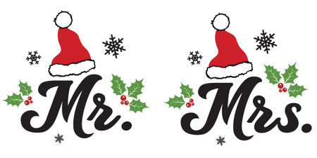 Christmas Mr and Mrs wedding vector illustration with cute Santa hat. Merry Christmas design isolated good for Xmas greetings cards, poster, print, sticker, invitations, baby t-shirt, mug, gifts.のイラスト素材