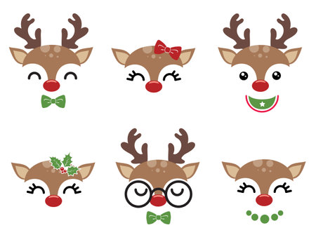 Cutest reindeer family vector illustration with cute deer faces. Kids Christmas design isolated good for Xmas greetings cards, poster, print, sticker, invitations, baby t-shirt, mug, gifts.のイラスト素材