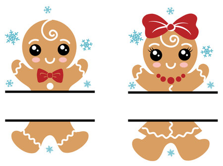 Christmas cookie frame illustration with cute girl and boy ginger men. Kids Christmas design isolated good for Xmas greetings cards, poster, print, sticker, invitations, baby t-shirt, mug, gifts.のイラスト素材