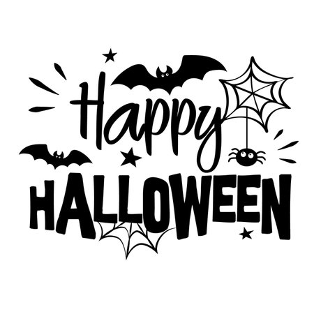 Happy Halloween vector lettering. Handwritten calligraphy with spider web and bats for greeting cards, sublimation, posters, flyers, invitations, banners and etc.のイラスト素材