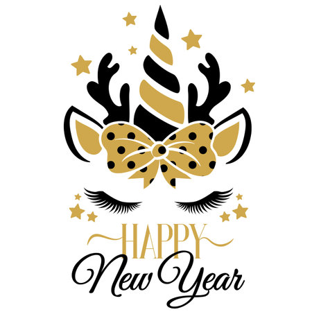 Happy New Year vector illustration with unicorn face. Girls New Year design isolated good for greetings cards, poster, print, sticker, invitations, baby t-shirt, mug, gifts.のイラスト素材
