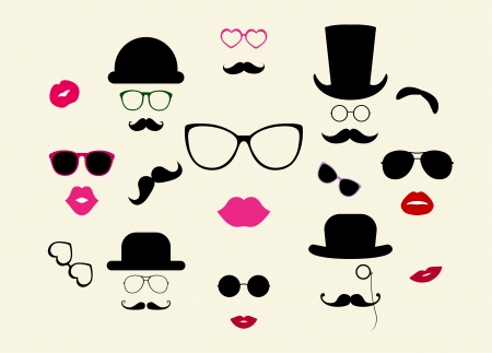 Hats, Moustaches, Eyeglasses, Lips Vector Icon Setのイラスト素材