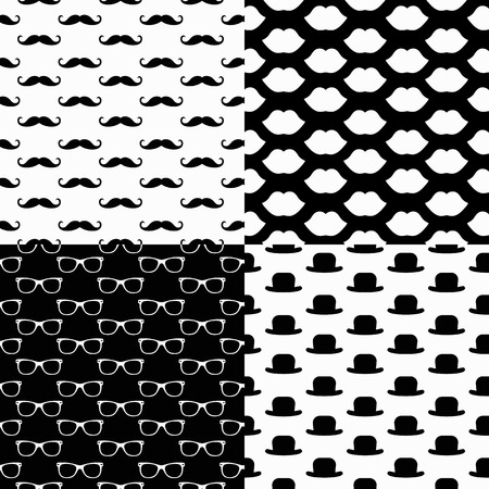 Vector Hipster Seamless Pattern Set, lips, glasses, mustaches, hatsのイラスト素材