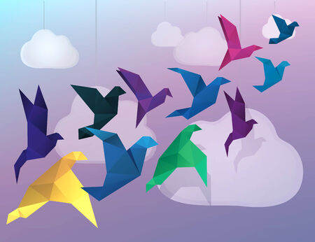 Origami Birds flying and fake clouds backgroundのイラスト素材