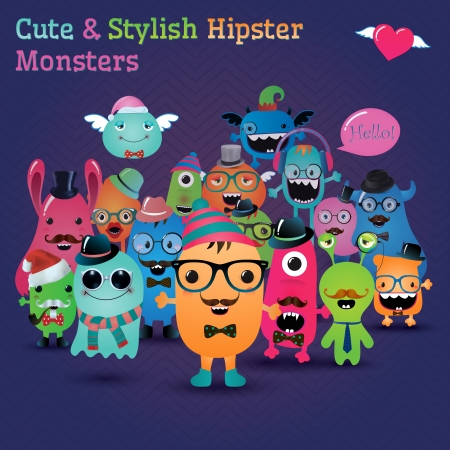 Cute and Stylish  Hipster Monsters. Fully editable and customizable. Freaky characters background. Vector Illustrationのイラスト素材