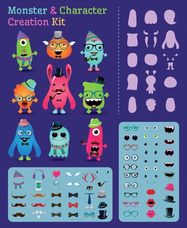Hipster Freaky Monster and Character Creation Kit. Fully editable and customizable. Vector illustration.のイラスト素材