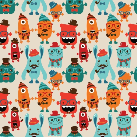 Vector Cute Retro Hipster Monsters Seamless Patternのイラスト素材