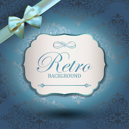 Vintage Frame with Ornamental round damask lace pattern.  Space for text. Retro Background. Corner Ribbon Bowのイラスト素材
