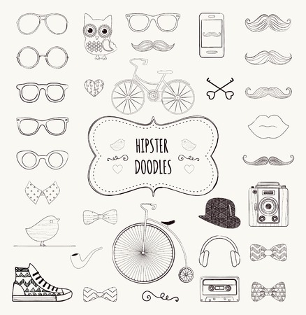 Cute Hipster Black and White Retro Vintage Doodle Icon Set Illustrationのイラスト素材