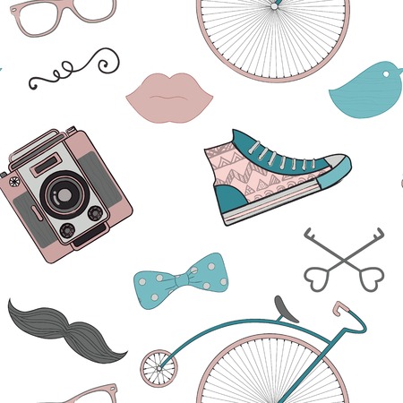 Colourful Vintage Seamless Background Pattern with Cute Retro Hipster Doodle Iconsのイラスト素材