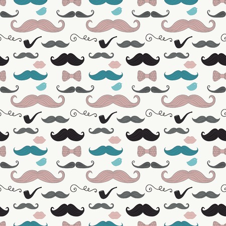 Colourful Vintage Seamless Background Pattern with Cute Retro Hipster Doodle Icons Mustache, Pipe, Bow Tieのイラスト素材