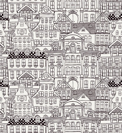 Vintage Old Styled Hand Drawn Doodle Houses Seamless Background Pattern  Vector Illustration  のイラスト素材