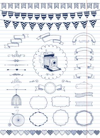 Vector Hand Drawn Doodle Banners, Ribbons, Frames on Paper Texture. Pen Painting. のイラスト素材