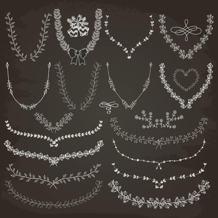 Set of Hand-Drawn Doodle Floral Decorative Brackets, Wreaths, Laurels. Design Elements. Chalk Drawing. Vector Illustration.のイラスト素材