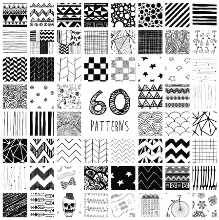 Sixty Abstract Hand Drawn Geometric Black Seamless Pattern Swatches with Transparent Backgroundのイラスト素材