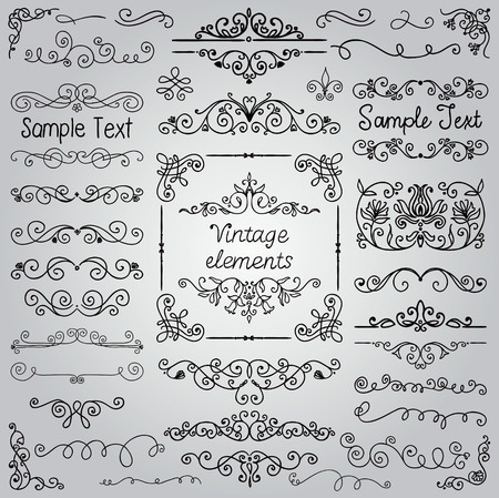 Decorative Vintage Hand Drawn Doodle Design Elements. Frames, Dividers, Swirls. Vector Illustrationのイラスト素材