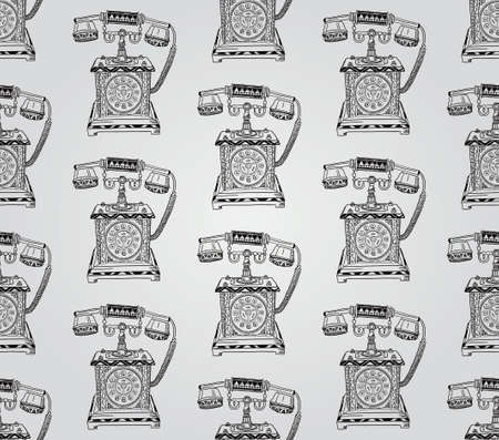 Vintage Seamless Hand Sketched Doodle Pattern with Old Telephone. Vector Illustration with Pattern Swatches. Transparent Backgroundのイラスト素材