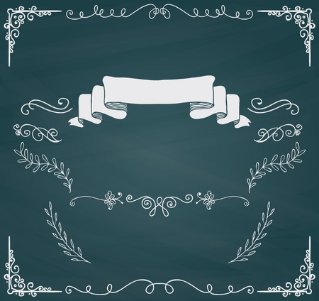 Chalkboard Invitation Greeting Card with Doodle Hand Sketched Elements. Decorative Vintage Chalk Drawing Design Elements. Frames, Dividers, Swirls. Vector Illustrationのイラスト素材