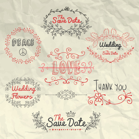 Sketched Design Elements on Crumpled Background Texture. Hand Drawn Decorative Artistic Doodle Typography, Branches, Labels for valentines card, Save the Date or Wedding card. Vector Illustration.のイラスト素材