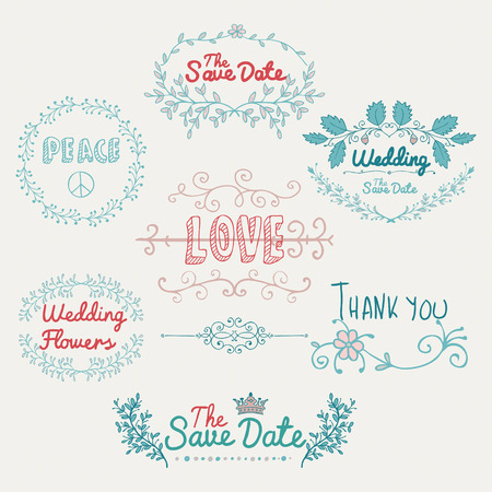 Colorful Hand Sketched Romantic Design Elements. Hand Drawn Decorative Artistic Doodle Typography, Branches, Labels, Dividers for valentines card, Save the Date or Wedding card. Vector Illustration.のイラスト素材