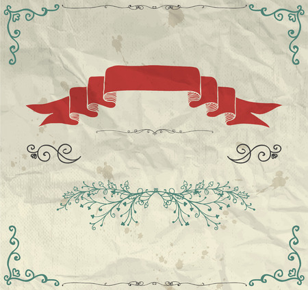 Pen Drawing Invitation Greeting Card with Doodle Hand Sketched Elements on Crumpled Paper Texture. Decorative Vintage Design Elements. Frames, Dividers, Swirls. Vector Illustrationのイラスト素材