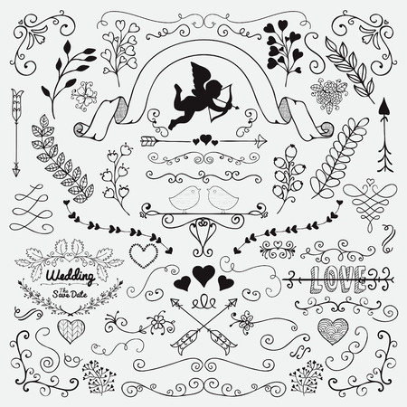 Vector Black Hand Sketched Rustic Floral Doodle Swirls, Branches, Design Elements. Decorative Corners, Dividers, Arrows, Scrolls. Hand Drawing Vector Illustration. Pattern Brushes. Love, Wedding, Valentineのイラスト素材
