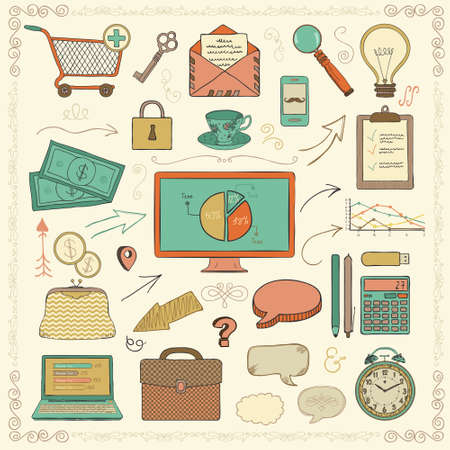 Business and Finance Vintage Colorful Hand Sketched Icons. Hand Drawn Vector Illustration. Retro Style. Decorative Design Elements, Speech Bubbles, Arrows, Infographic Graphic Elements, Swirlsのイラスト素材