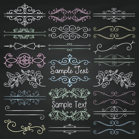 Set of  Colorful Doodle Design Elements. Decorative Floral Dividers, Borders, Swirls, Scrolls, Text Frames. Chalk Drawing Vintage Illustration. Chalkboard Texture.のイラスト素材
