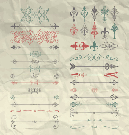 Set of Hand Drawn Colorful Doodle Design Elements on Crumpled Paper Texture. Decorative Floral Dividers, Arrows, Swirls, Scrolls. Vintage Illustration.のイラスト素材