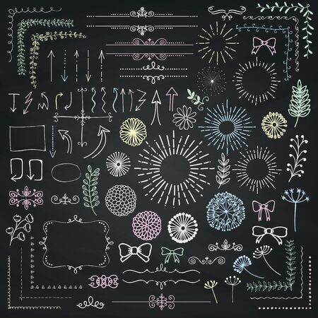 Decorative Hand Sketched Rustic Floral Doodle Corners, Branches, Frames, Arrows, Dividers, Design Elements on Chalk Board Texture. Chalk Drawing Vector Illustration.のイラスト素材