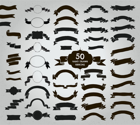 Big Set of 50 Hand Drawn Black Doodle Sketched Rustic Decorative Banners and Ribbons, Frames with Ribbons on Textured Background. Vintage Vector Illustration. Black Shapesのイラスト素材