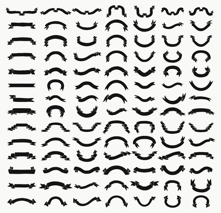 Big Set of 100 Hand Drawn Black Doodle Sketched Rustic Decorative Banners and Ribbons on Textured Background. Ribbons Variation. Vintage Vector Illustration.のイラスト素材