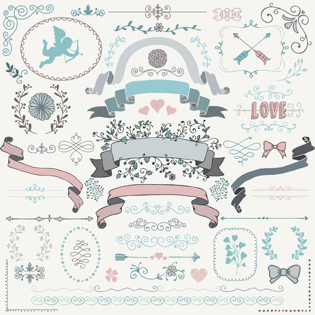 Vector Colorful Hand Sketched Rustic Floral Doodle Swirls, Branches, Design Elements. Decorative Corners, Dividers, Arrows, Scrolls, Ribbons. Hand Drawing Vector Illustration.のイラスト素材