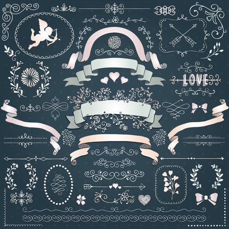 Vector Doodle Swirls, Branches, Wedding Design Elements, Objects, Signs. Decorative White Paper Corners, Dividers, Arrows, Scrolls Ribbons Vector Illustration. Love Vilentineのイラスト素材