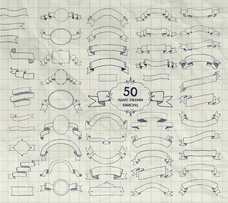 Big Set of 50 Hand Drawn Doodle Sketched Rustic Decorative Banners and Ribbons, Frames with Ribbons. Vintage Vector Illustration. Pen Drawing Outlined Objects on Crumpled Notebook Textureのイラスト素材