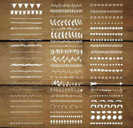 Set of White Hand Drawn Doodle Line Borders. Rustic Decorative Design Elements, Florals, Dividers, Arrows, Swirls, Scrolls on Wooden Texture. Sketched Vector Illustration.のイラスト素材