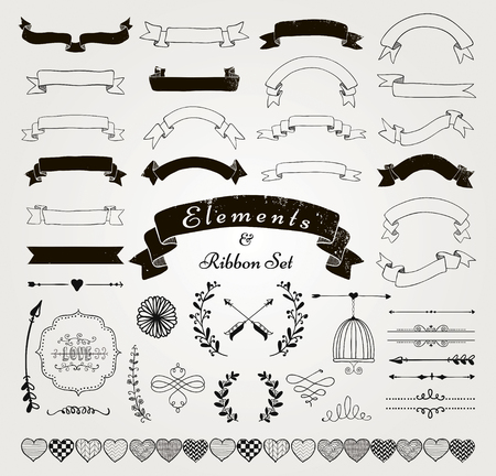 Set of Hand Drawn Black Doodle Sketched Rustic Decorative Wedding Design Elements and Ribbons. Grunge Textured Ribbons and Badges. Vintage Vector Illustration.のイラスト素材