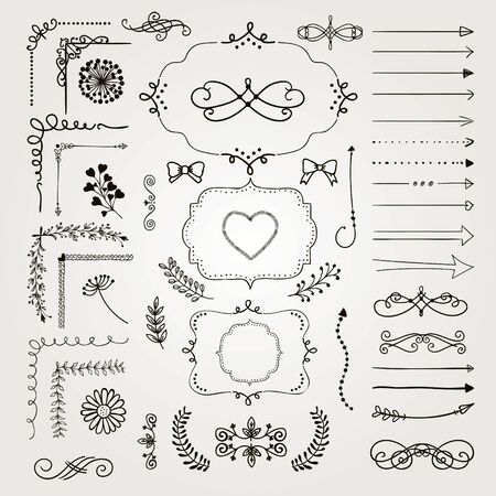 Set of Black Hand Drawn Doodle Design Elements. Rustic Decorative Line Borders, Dividers, Arrows, Swirls, Scrolls, Ribbons, Banners, Frames Corners Objects. Vector Illustrationのイラスト素材
