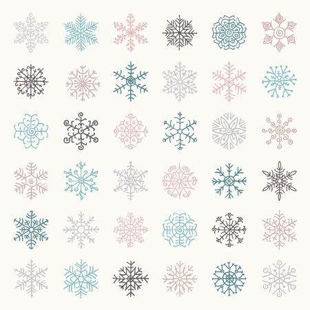 Set of Colorful Winter Snow Flakes Doodles. Hand Drawn Decorative Christmas Doodle Icons. Vector Illustrationのイラスト素材