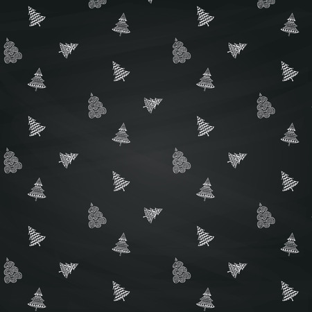 Chalk Drawing Xmas and New Year Doodles, Christmas Seamless Background Pattern with Christmas Trees on Chalkboard Texture.のイラスト素材